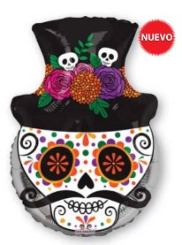 Globo Metalico Calavera De Azucar con Sombrero de Dia de Muertos 18" Balloon -SO16